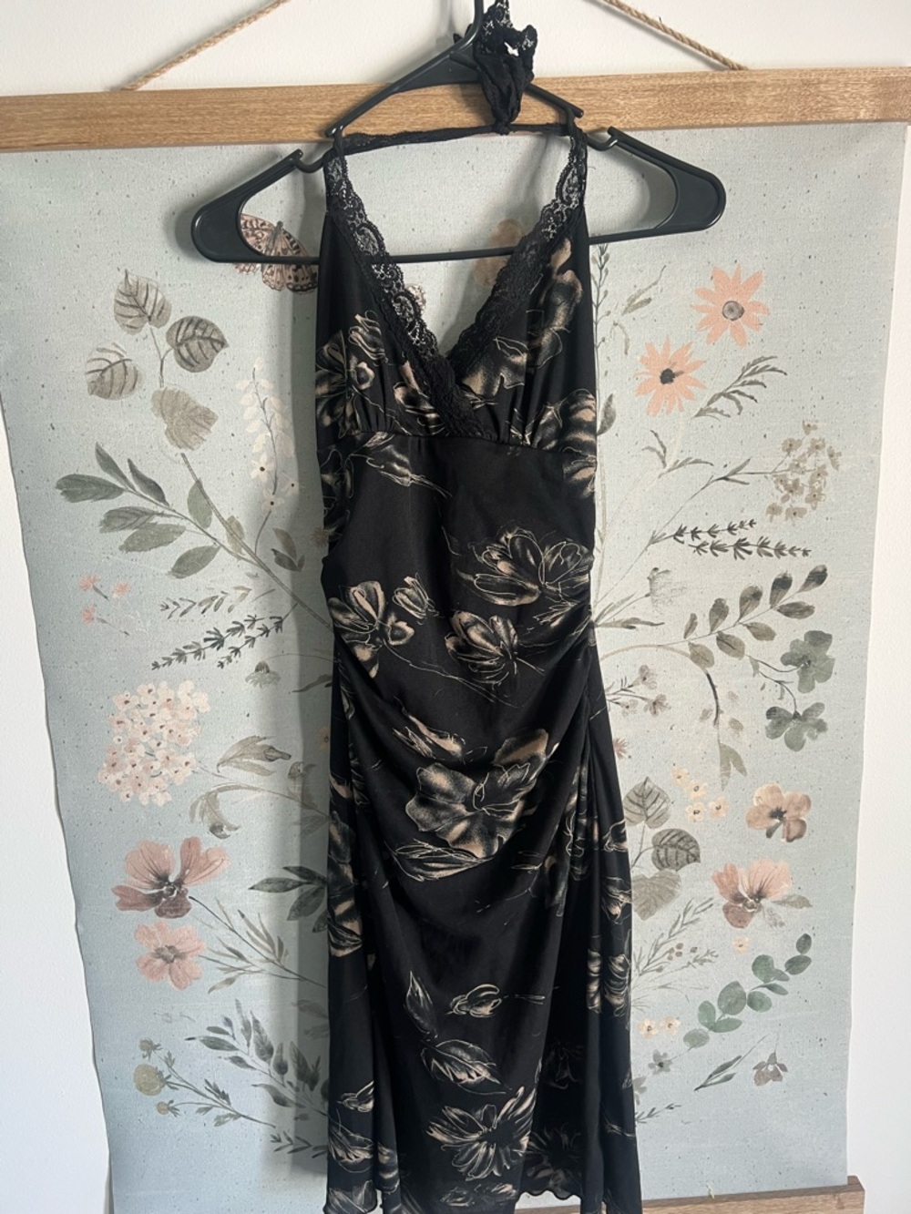 Heart Moon Star Black Floral Backless Dress with Metallic Gold Accents